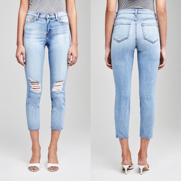 L'AGENCE El Matador High Rise Slim Jeans Size 24 Dry Ice Raw Hem Ripped Knees - Picture 1 of 8